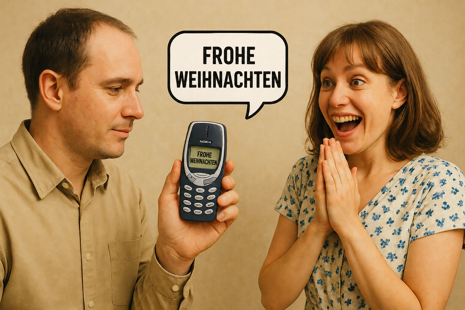 Bild eines alten Handys, das eine SMS verschickt. Ein Mann benutzt ein altes Handy, um die allererste SMS zu senden.