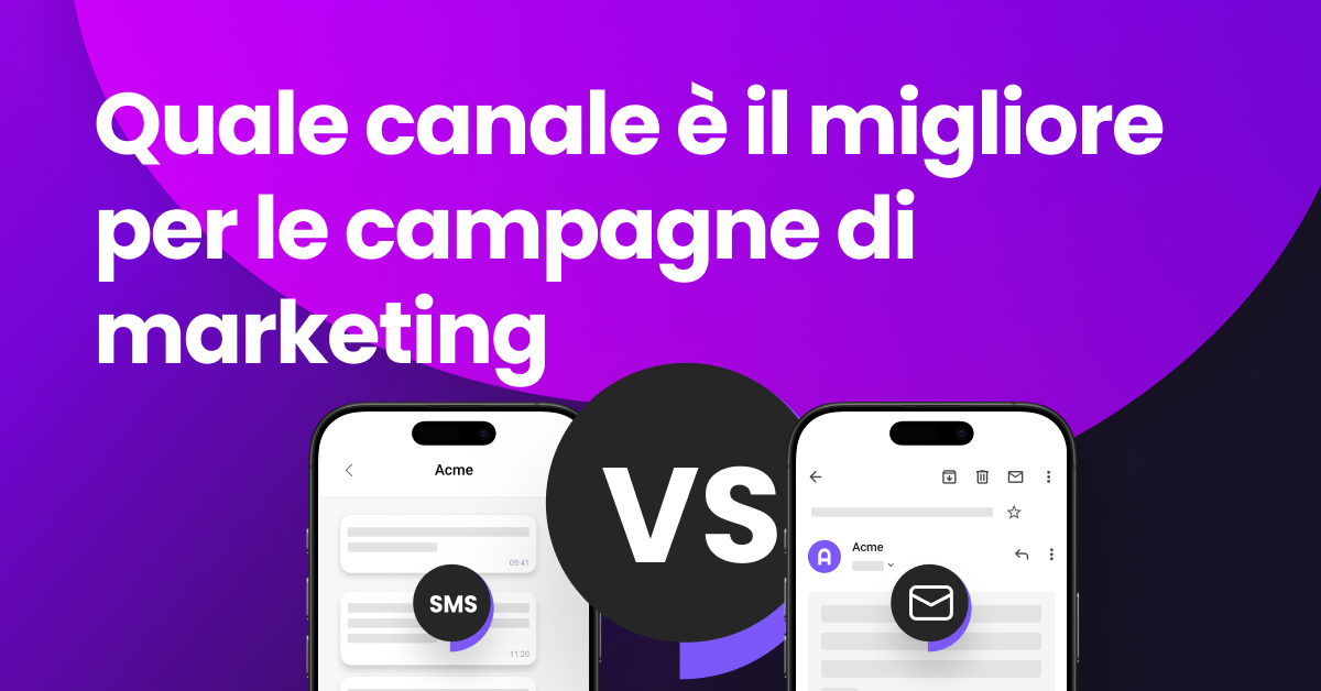 Un confronto visivo in stile "versus" tra elementi di SMS ed e-mail per campagne di marketing.