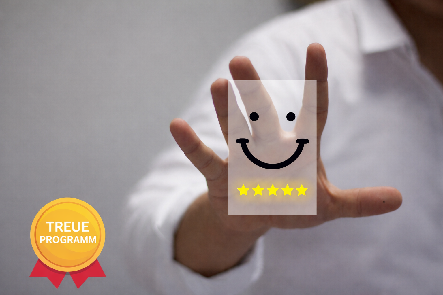 Eine Person zeigt eine Tasche mit 5 Sternen und einem Smiley als Symbol eines wiederkehrenden Kunden dank eines guten Markentreue-Programms. 
