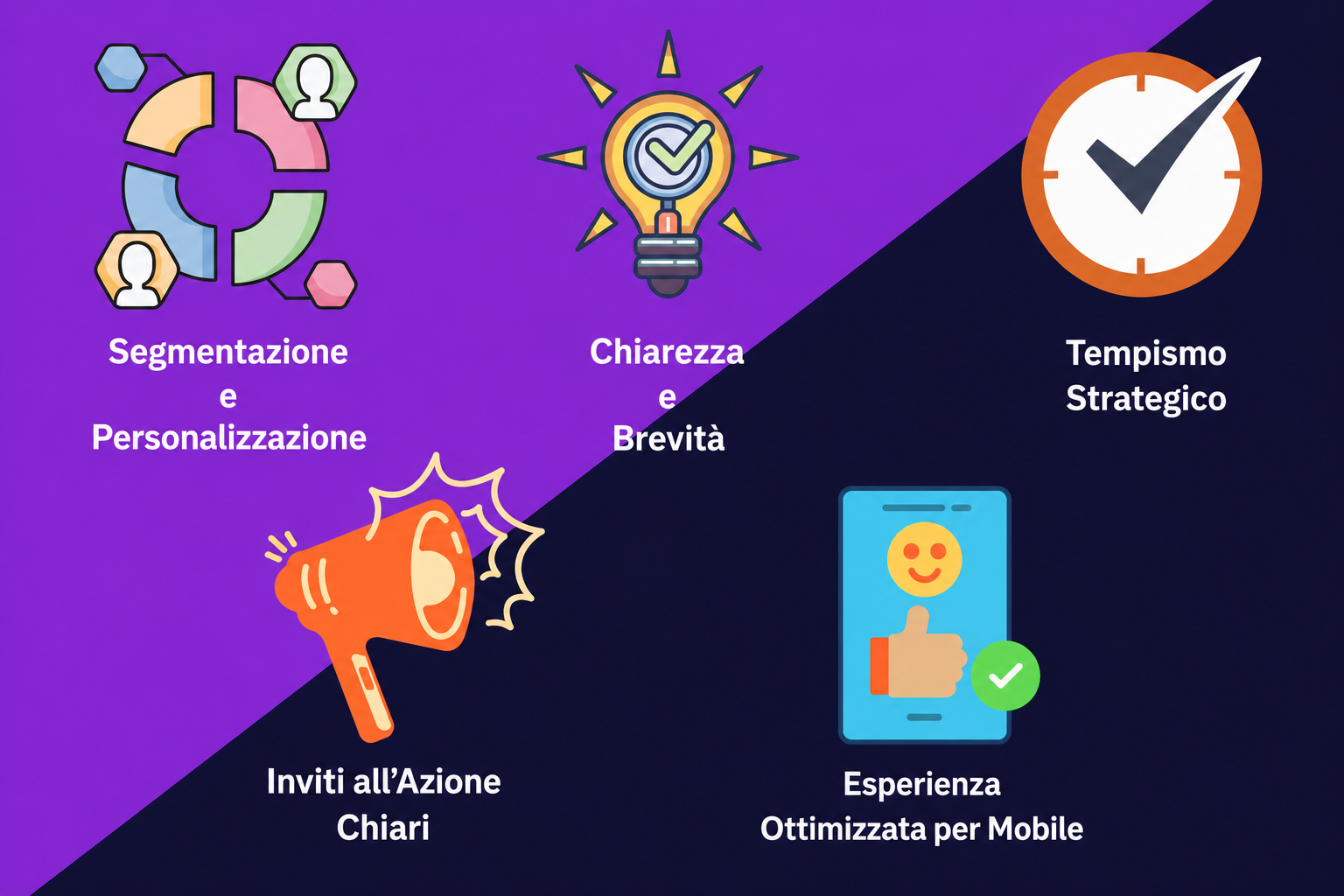 Un'immagine che mostra 5 approcci chiave per una campagna di SMS drip di successo: segmentazione e personalizzazione, chiarezza e brevità, tempistica strategica, inviti all'azione chiari ed esperienza ottimizzata per dispositivi mobili.