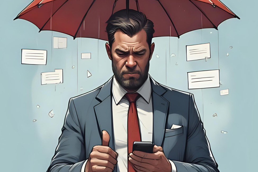 Bild eines Mannes, der einen Regenschirm hält, um sich vor dem Regen von Spam-Marketing-SMS-Nachrichten zu schützen, die auf ihn niederprasseln