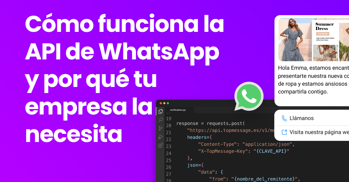Representación visual de la integración de la API de WhatsApp para empresas que muestra un elemento de API y un teléfono con WhatsApp abierto