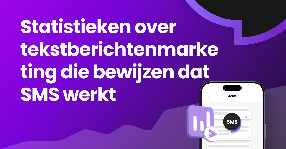 Marketingstatistieken via sms die bewijzen dat sms werkt – paarse banner met verloop en smartphone die een sms-gesprek en marketinganalyse-pictogrammen weergeeft, die de hoge openingspercentages en ROI van sms-marketingcampagnes illustreren.