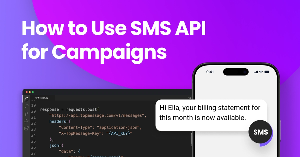 Illustration of SMS paper emerging from an envelope with a light bulb, representing how to use SMS API for marketing ideas