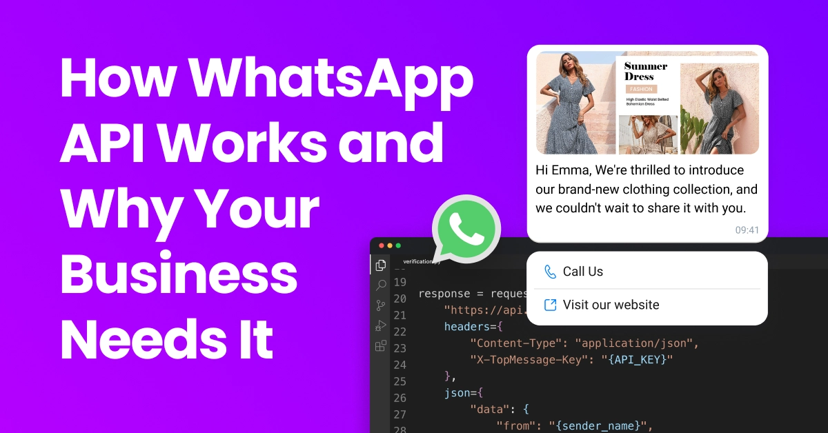 Alt: Visual representation of WhatsApp API integration for business showing an API element and phone with WhatsApp open