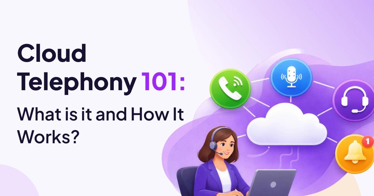 How cloud telephony works illustrated with icons for calls, audio, headset, and notifications connected to a central cloud.
