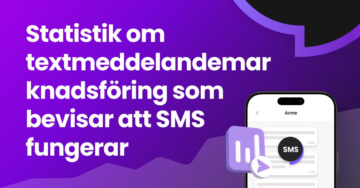 Statistik om SMS-marknadsföring som bevisar att SMS fungerar – lila gradientbanner med smartphone som visar SMS-konversation och marknadsföringsanalysikoner, som representerar höga öppningsfrekvenser och ROI för SMS-marknadsföringskampanjer.