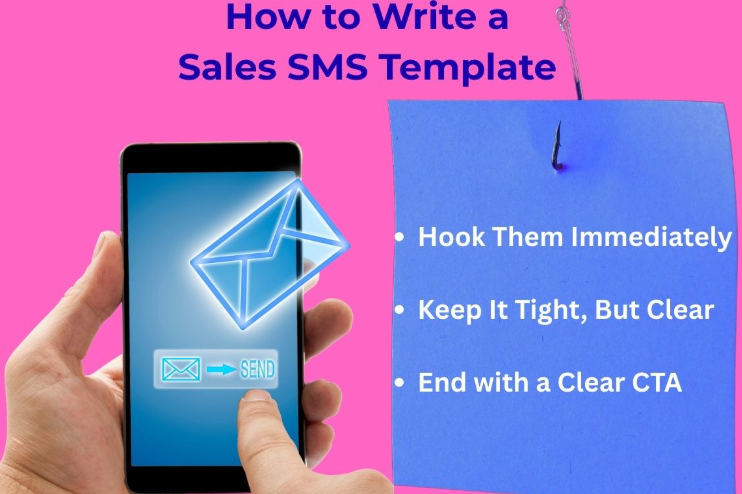 Steps on how to write a sales SMS template shown on mobile and notepad graphic
