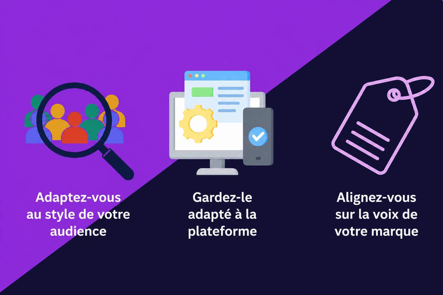 Un visuel présentant 3 conseils clés sur l'utilisation des emojis en marketing : adapter leur style à celui de votre public, les rendre appropriés à la plateforme et les aligner sur le ton de la marque.