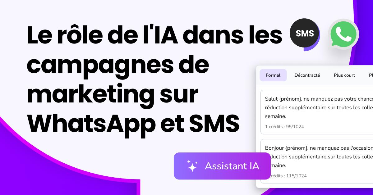 Illustration d'un robot sous le titre « Comment l'IA peut améliorer vos campagnes de marketing WhatsApp et SMS », représentant l'utilisation de l'IA pour le marketing SMS et WhatsApp