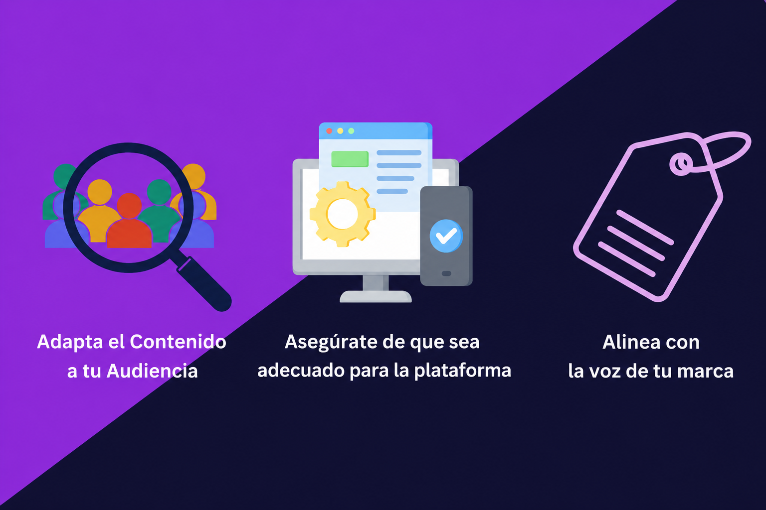 Una imagen que muestra 3 consejos clave sobre cómo usar emojis en marketing: adaptarlos al estilo de tu audiencia, mantenerlos apropiados para la plataforma y alinearlos con la voz de la marca.