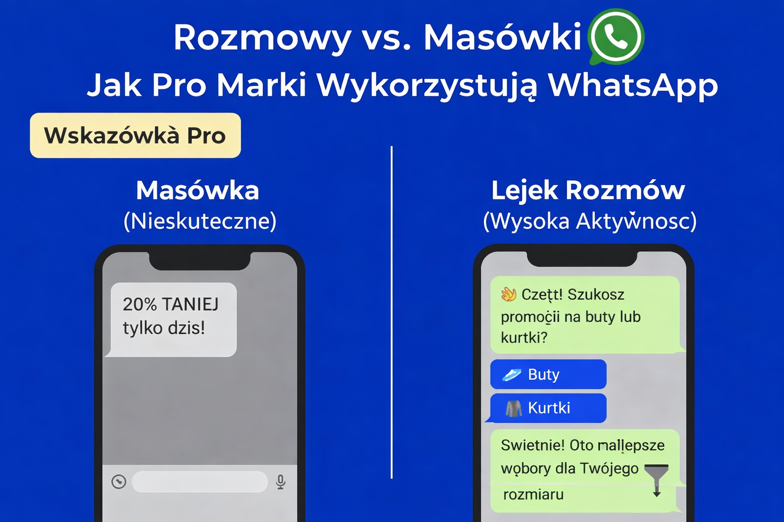 Grafika porównująca nieskuteczne masowe wysyłki WhatsApp z angażującym lejkiem konwersacyjnym, pokazująca jak udane kampanie WhatsApp wykorzystują przepływy czatu.
