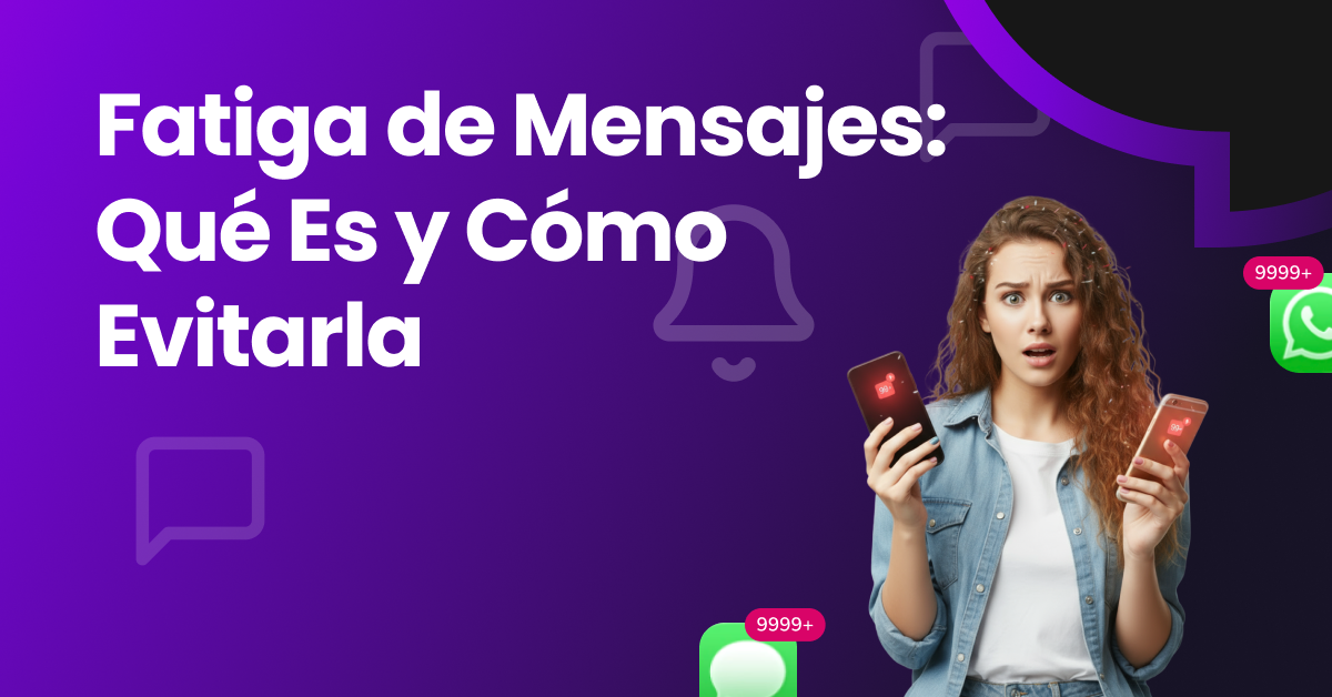 Mujer estresada y abrumada por las notificaciones de mensajes en su teléfono, mostrando signos de sobrecarga digital y fatiga por mensajes.