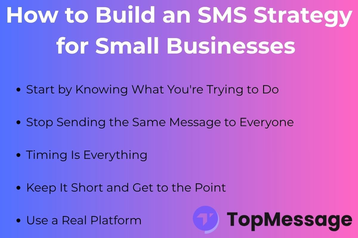 Infographic showing SMS marketing tips for small businesses, including message timing, personalization, and platform use, by TopMessage.