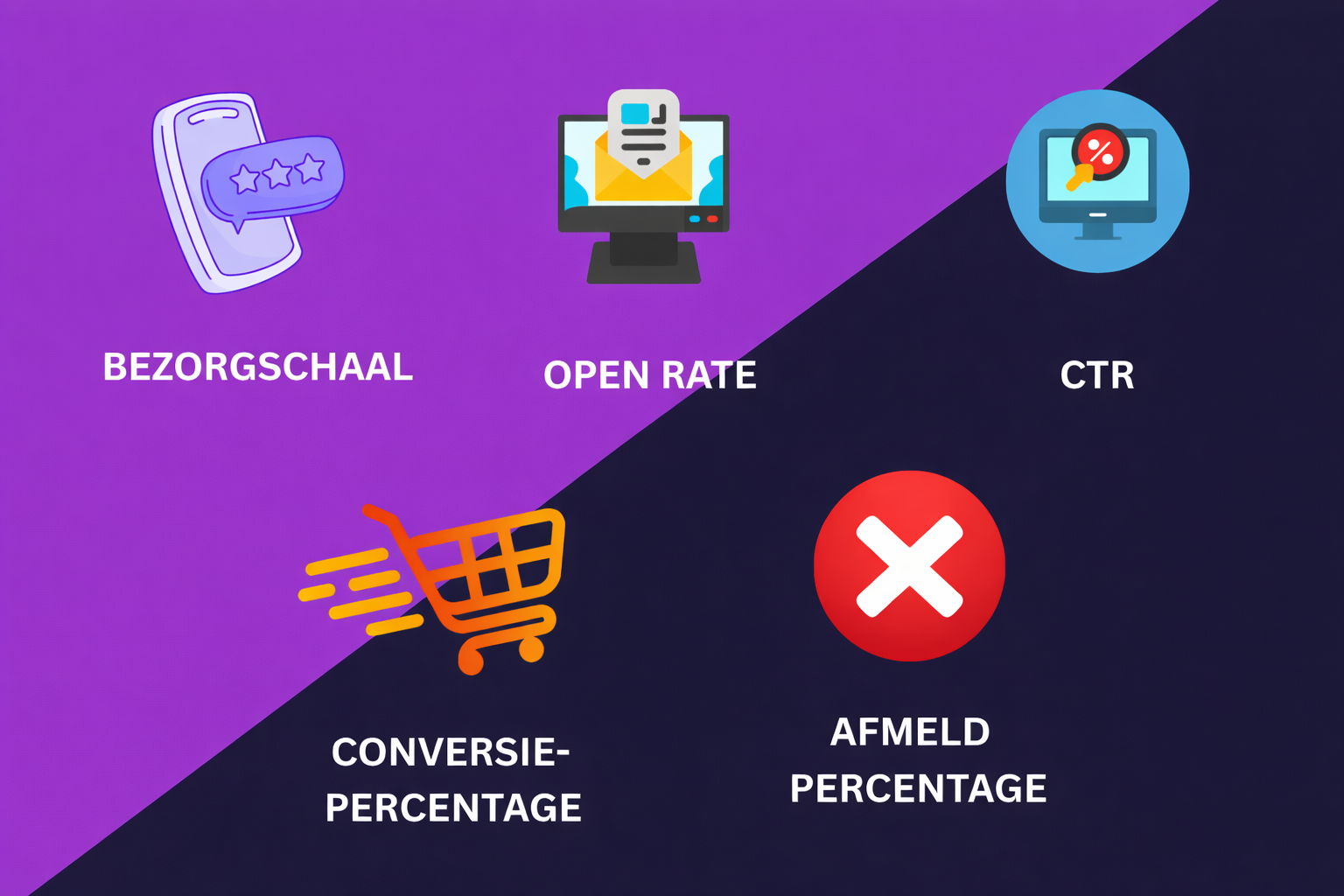 Een visueel overzicht van 5 belangrijkste KPI's voor berichten: bezorgpercentage, openingspercentage, klikfrequentie, conversieratio en afmeldpercentage.