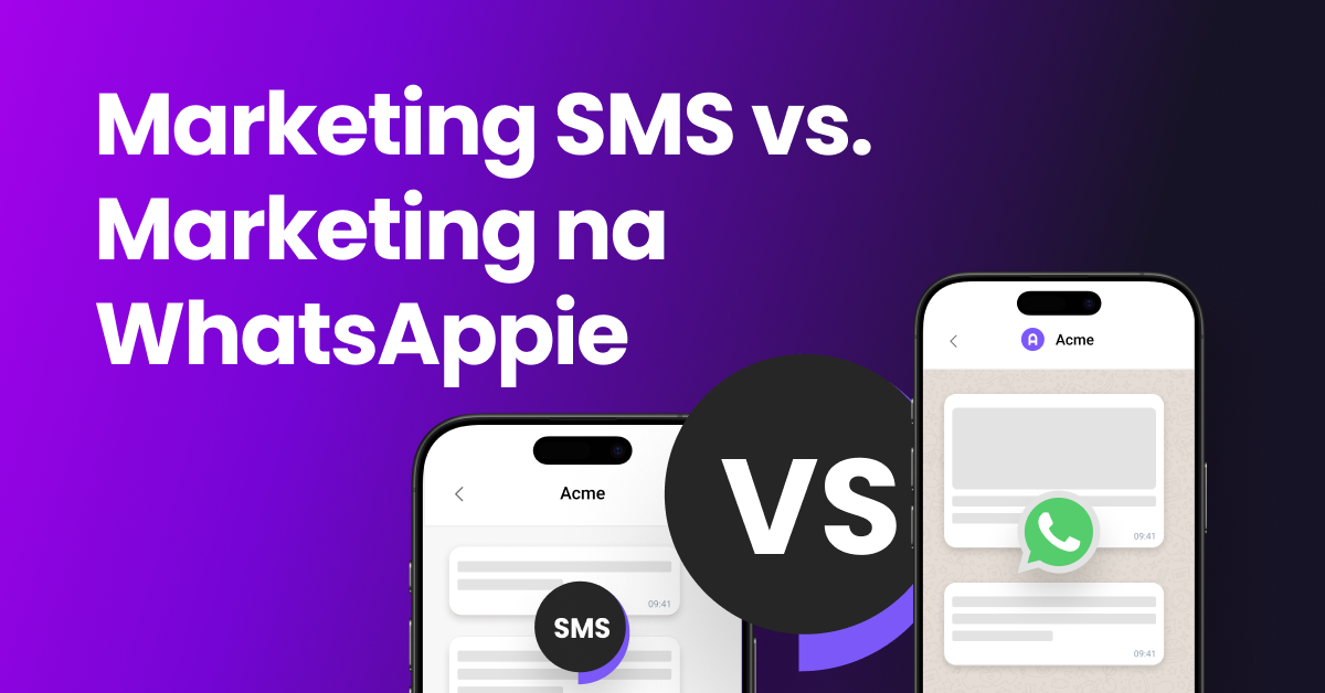 Wizualizacja porównawcza z ikoną SMS po lewej stronie i ikoną WhatsApp po prawej stronie oraz tytułem „Marketing SMS kontra Marketing WhatsApp” wyświetlanym u góry.