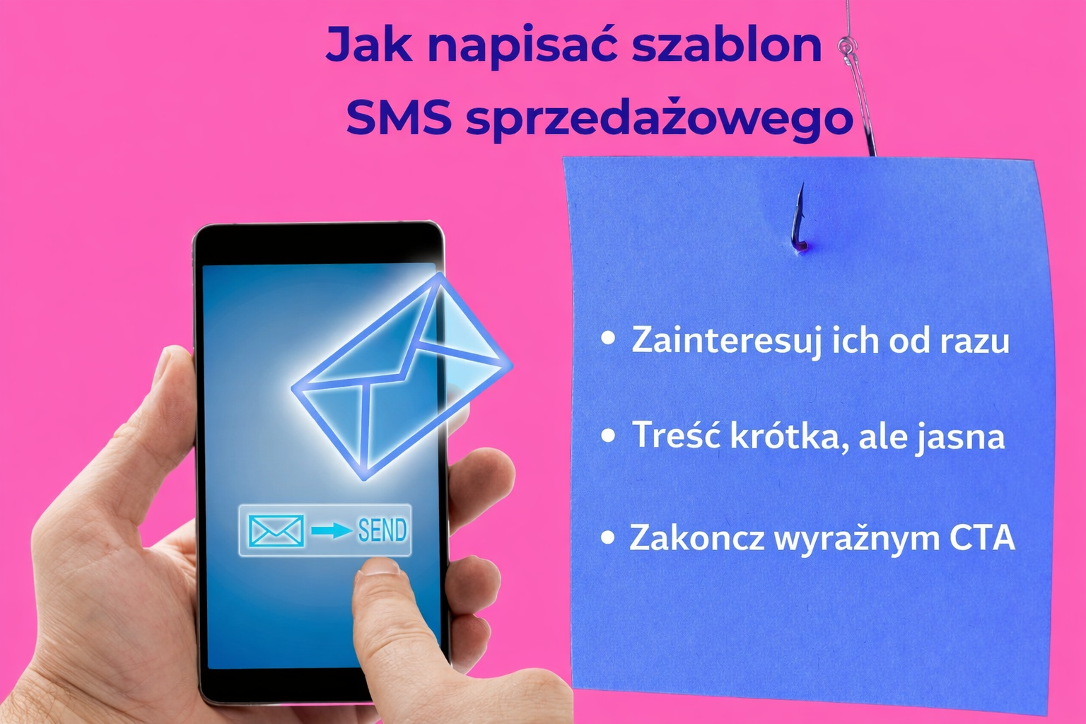 Kroki dotyczące pisania szablonu SMS sprzedażowych przedstawione na grafice z telefonem komórkowym i notatnikiem