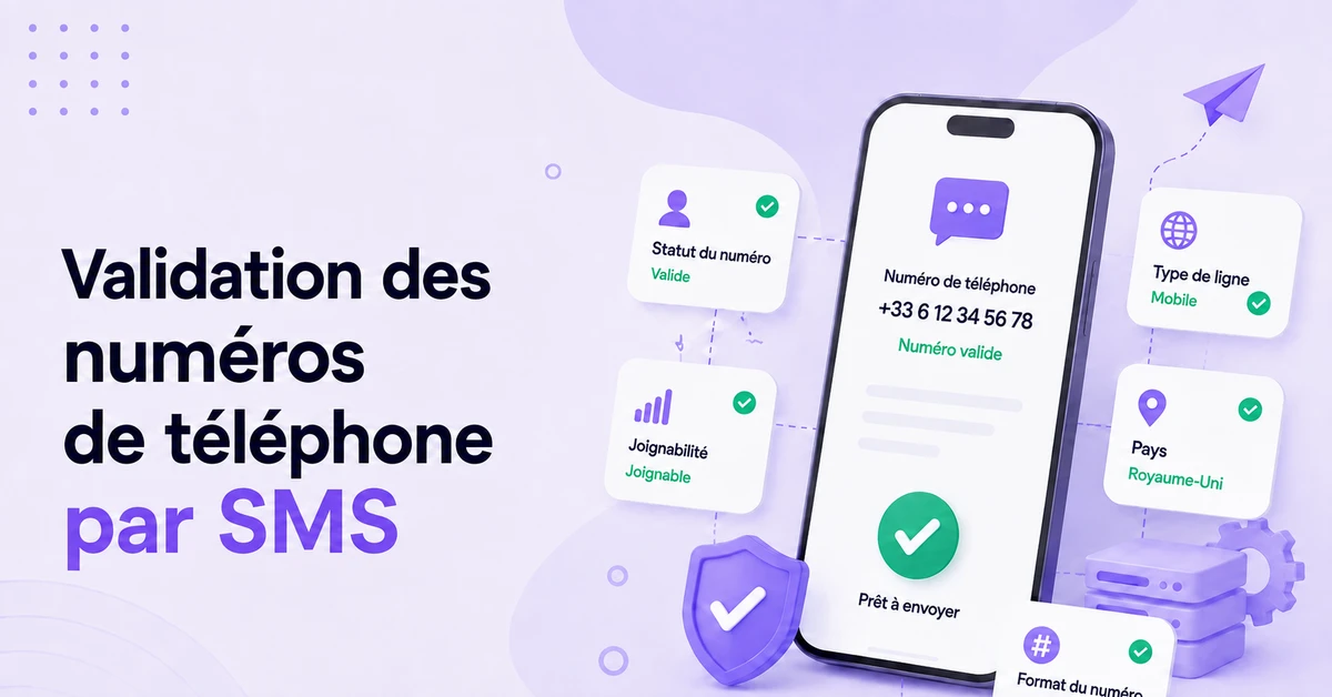 Validation du numéro de téléphone par SMS: statut du numéro, disponibilité, type de ligne mobile, pays et numéro valide prêt pour l’envoi de SMS.