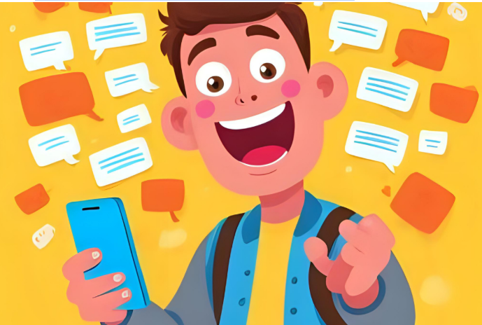 a cartoonish man with a cellphone in his hands, excited and happy that he received a bunch of referral SMS messages with great deals and discounts