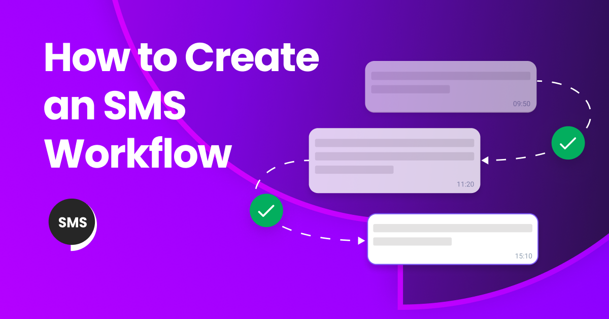 Illustration of  SMS workflow with icons for messages, charts, and automation.