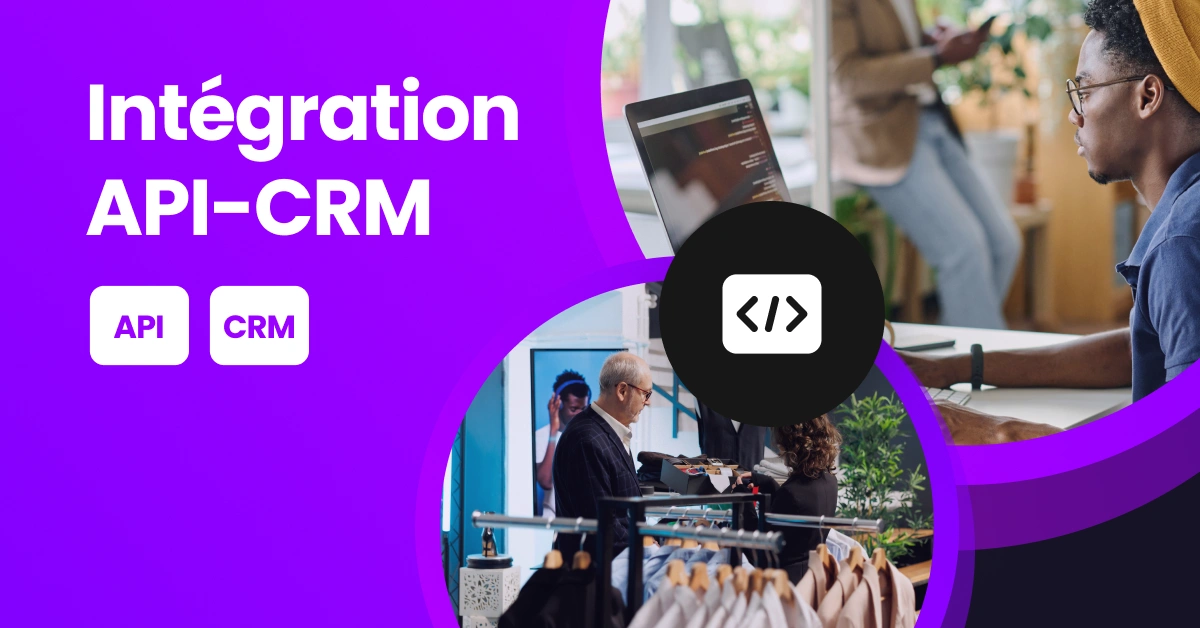 Une illustration représentant des éléments liés au CRM et à l’API, avec une personne tapant sur son clavier.