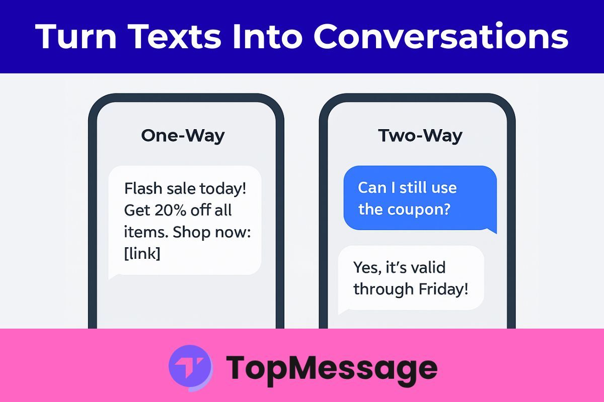 Visual comparing one-way vs. two-way SMS marketing for small business, highlighting how customer replies can build engagement and trust using TopMessage.