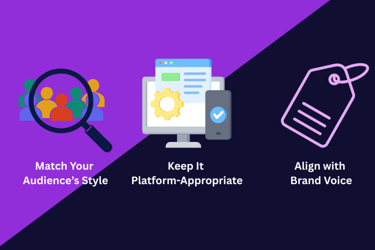 A visual showing 3 key tips on how to use emojis in marketing: Matching your audience’s style, keeping it platform-appropriate, and aligning with brand voice. 