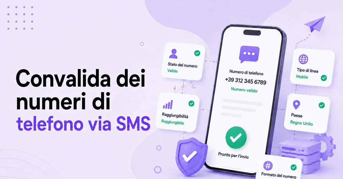 Validazione del numero di telefono tramite SMS che mostra lo stato del numero, la raggiungibilità, il tipo di linea mobile, il paese e il numero di telefono valido pronto per gli SMS.