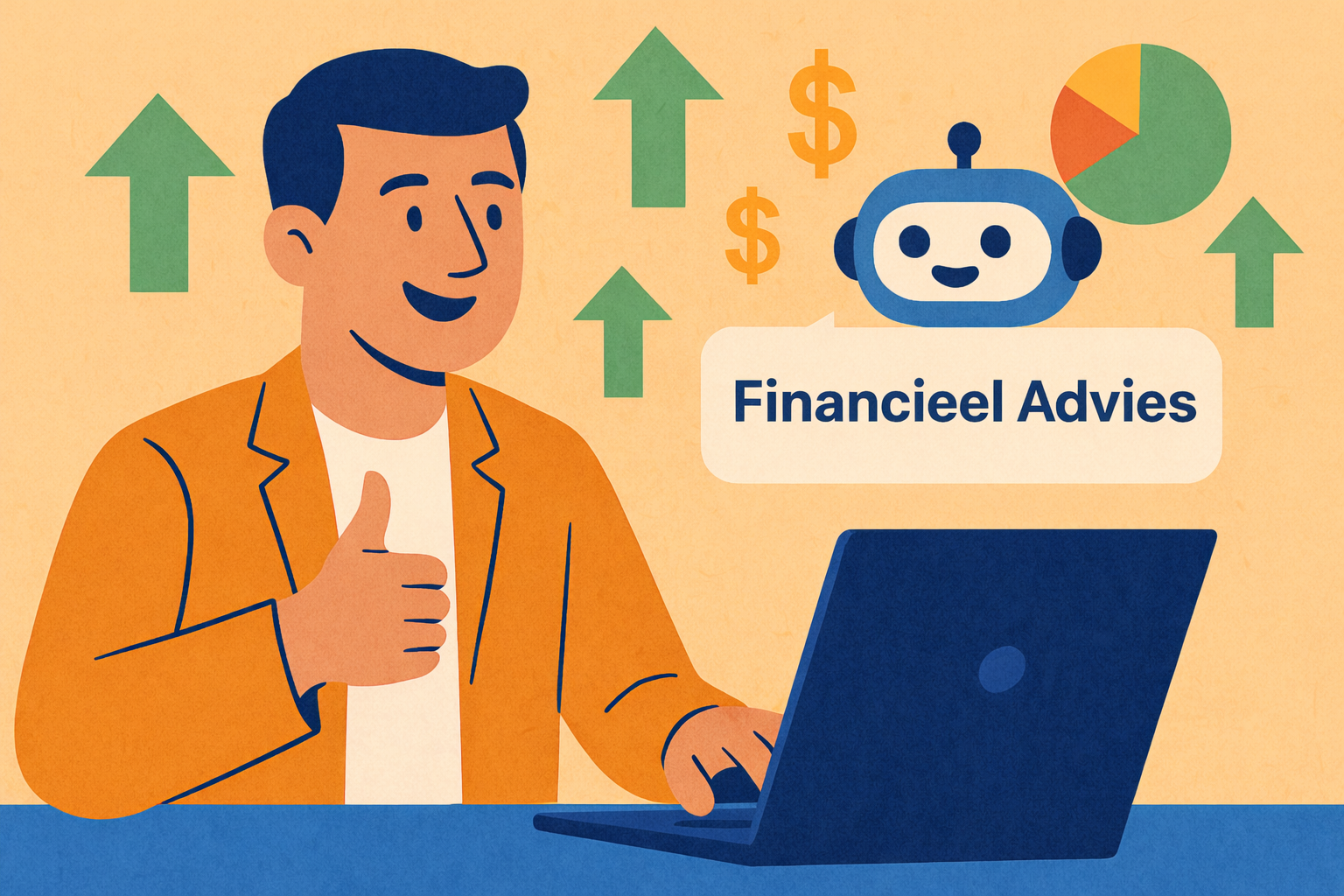 een man die op zijn laptop financieel advies krijgt van een chatbot