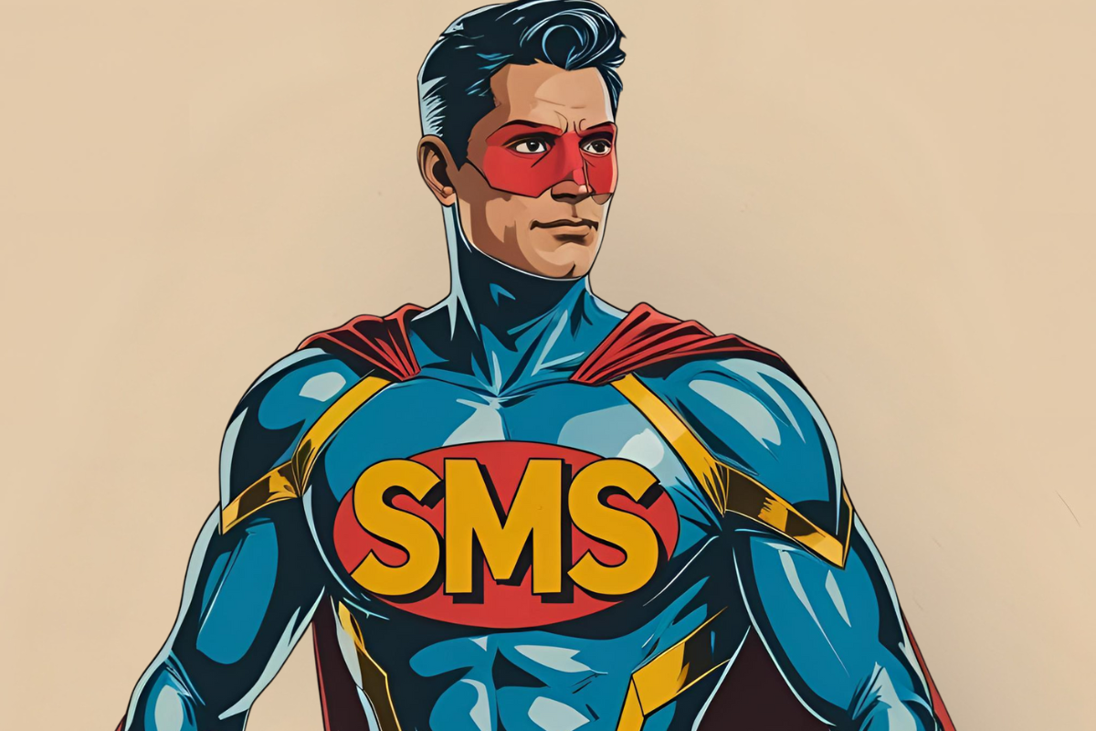 Een superheld met een sms-symbool op zijn borst.