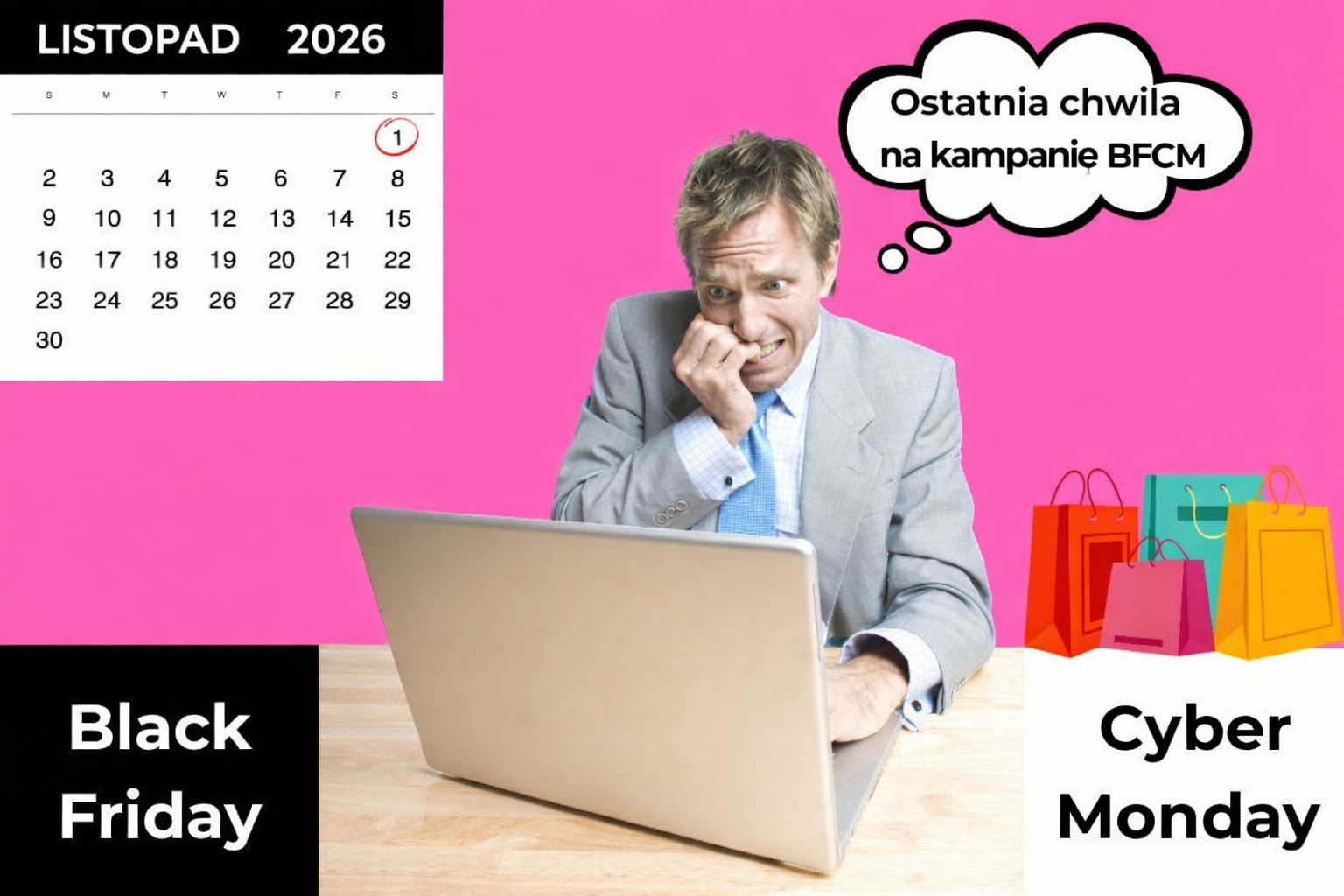 Zmartwiony mężczyzna siedzący przy laptopie 1 listopada, rozmyślający o ostatniej chwili kampanii marketingowej BFCM, z torbami na zakupy z okazji Black Friday i Cyber Monday.