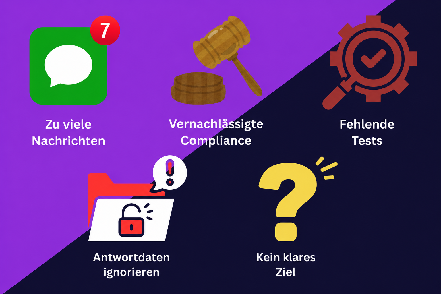Eine Grafik, die zeigt, was man bei einer Drip-SMS-Kampagne vermeiden sollte: Zu viele Nachrichten, Vernachlässigung der Compliance, fehlende Tests, Ignorieren von Antwortdaten und das Fehlen klarer Ziele.