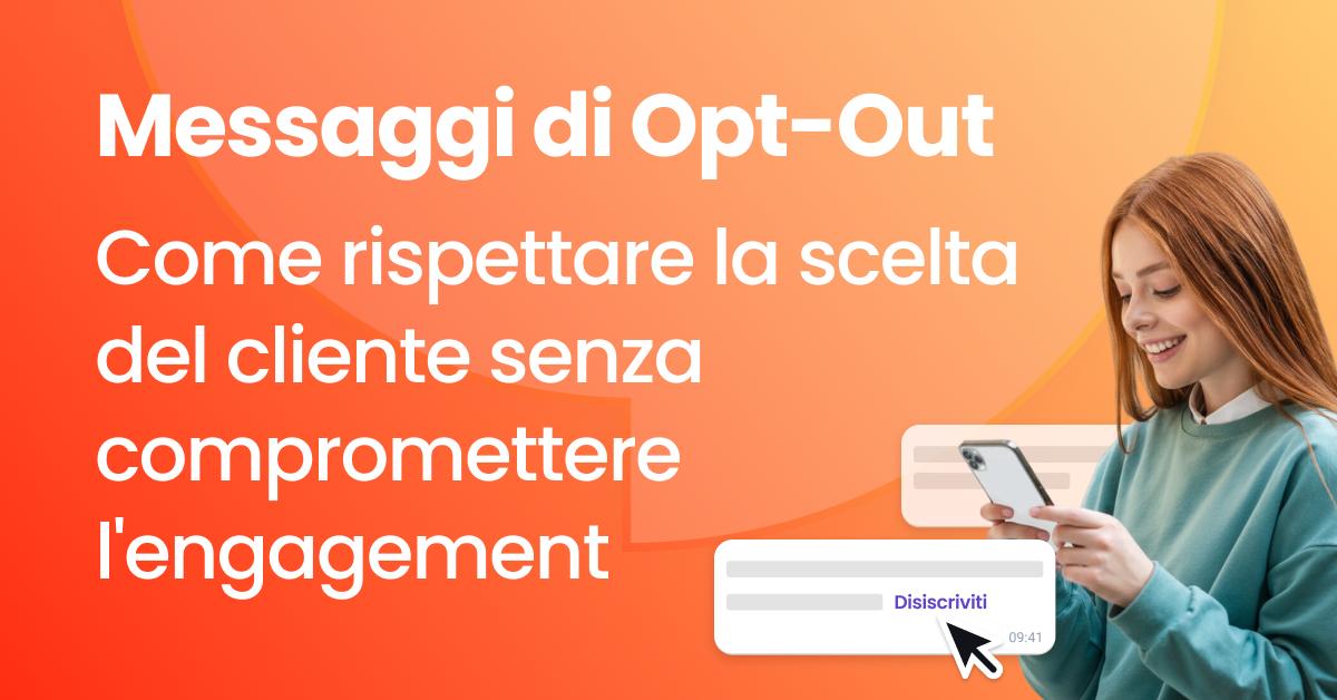 una rappresentazione visiva di una donna che utilizza il suo telefono, il titolo "Disattiva messaggi" e l'elemento "Annulla iscrizione".