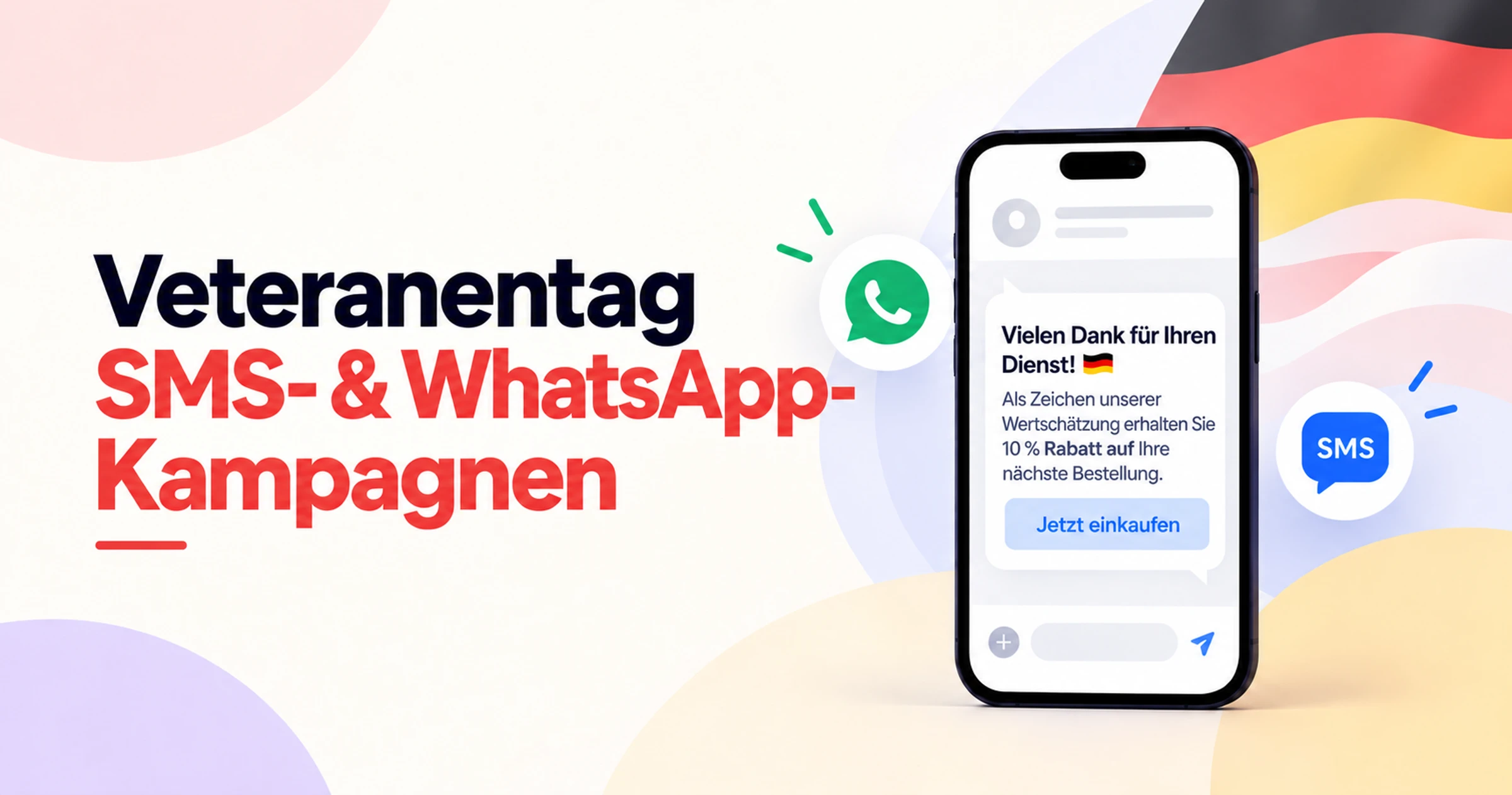 Illustration von SMS- und WhatsApp-Kampagnen zum Veteranentag, die eine Dankesnachricht für Smartphones mit einem 10%-Angebot, Messaging-Symbolen und einem Hintergrund mit deutscher Flagge zeigt.