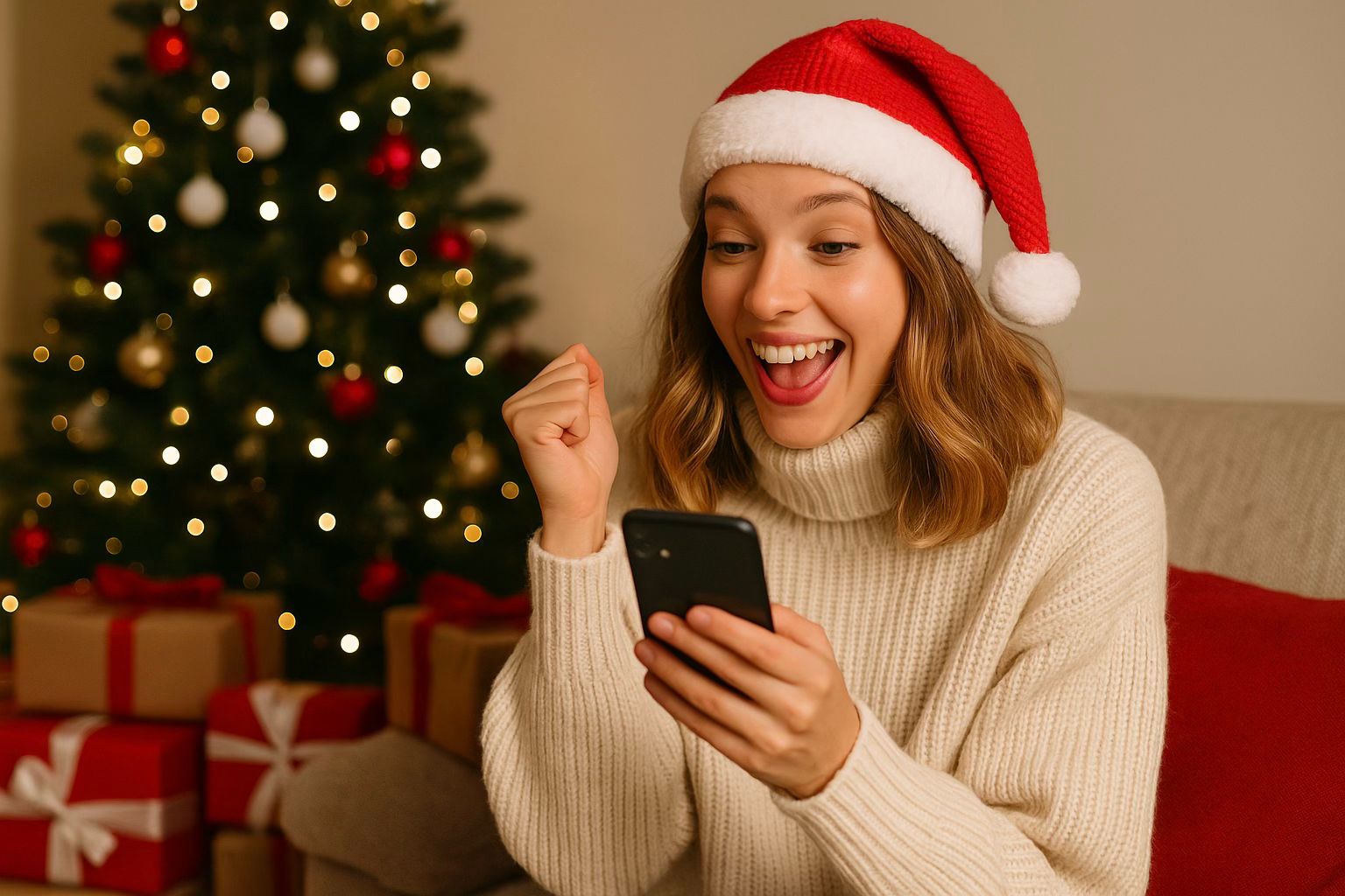 Immagine di una donna in festa durante le feste, che legge un SMS sul suo telefono che la emoziona.