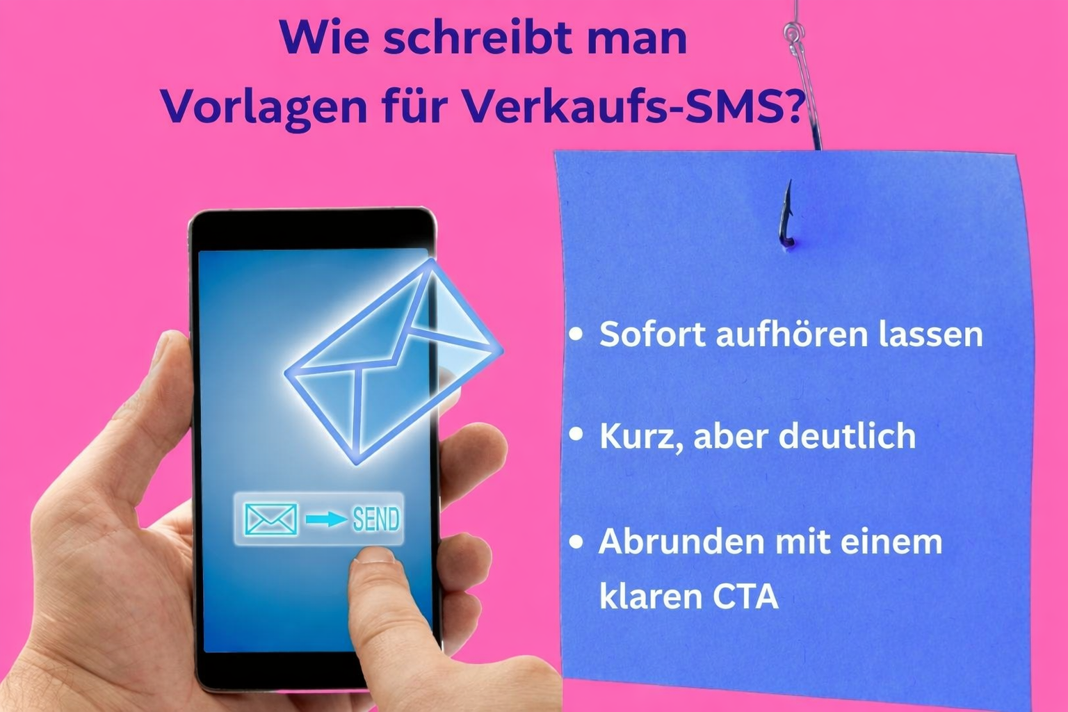 Schritte zum Verfassen einer SMS-Verkaufsvorlage, dargestellt auf einem Smartphone und Notizblock-Grafik