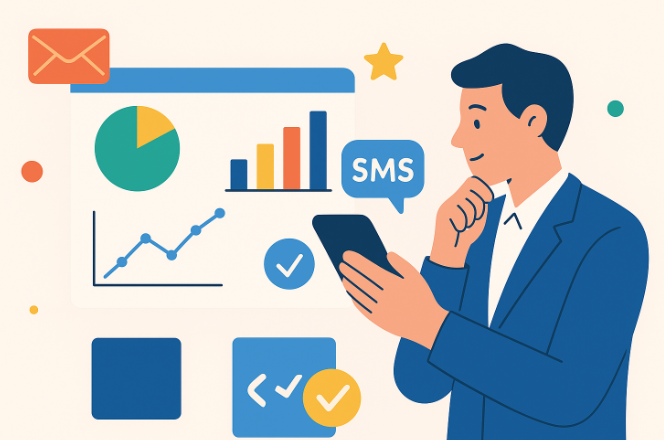 An image of a corporate man measuring his workflow SMS success.