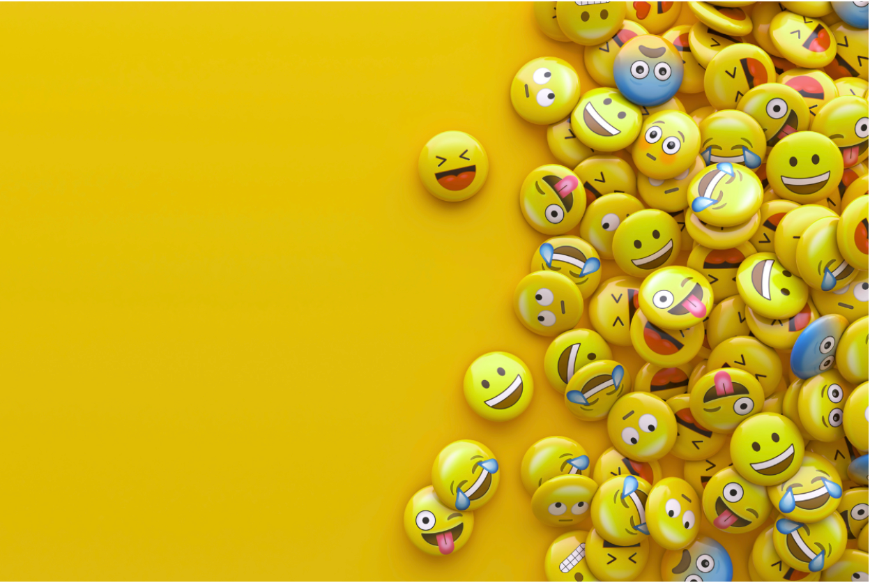 Dozens of emojis on an orange canvas.