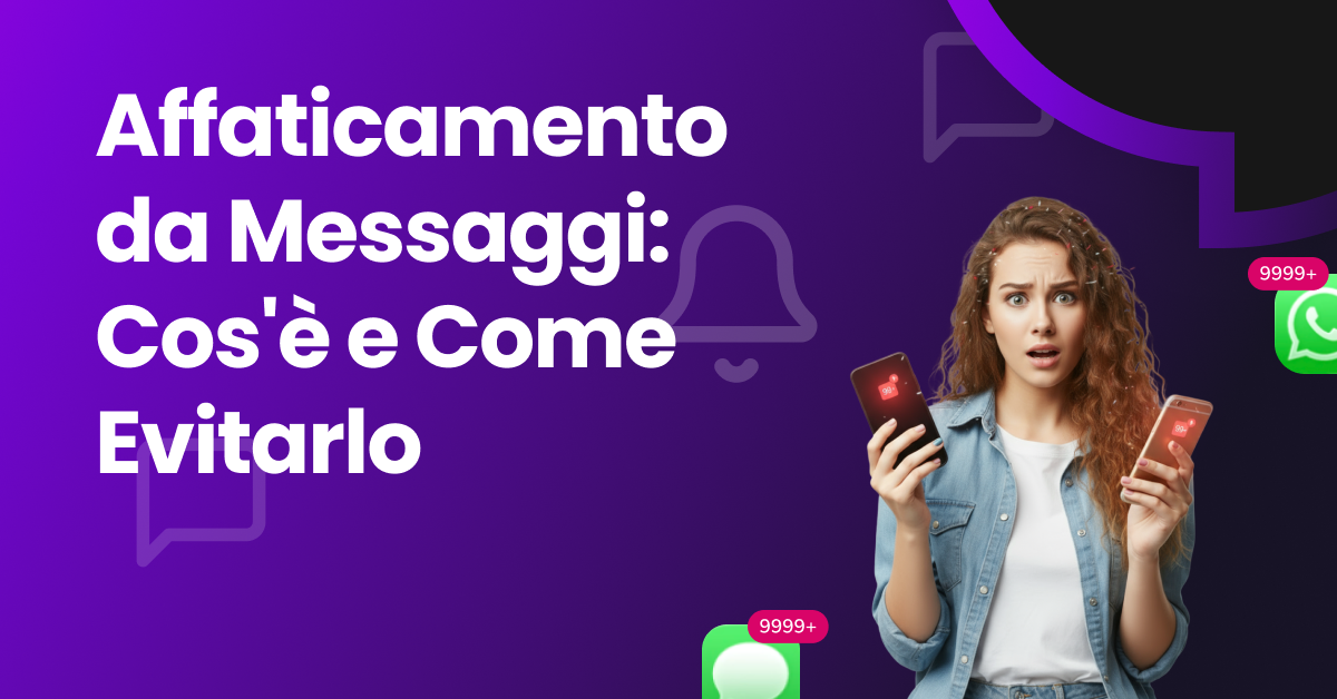 Donna stressata e sommersa dalle notifiche dei messaggi sul telefono, mostra segni di sovraccarico digitale e affaticamento da messaggistica.
