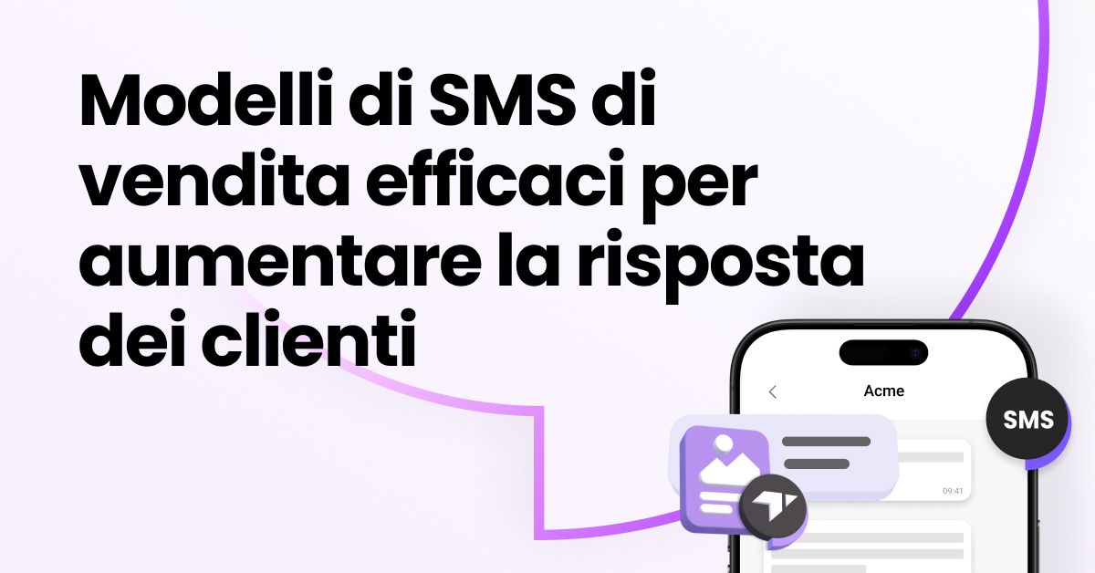 Immagine con testo in grassetto che recita “Template SMS di Vendita Efficaci per Aumentare la Risposta dei Clienti,” accanto allo schermo di uno smartphone che mostra un’interfaccia di chat con icone SMS e un elemento grafico viola.