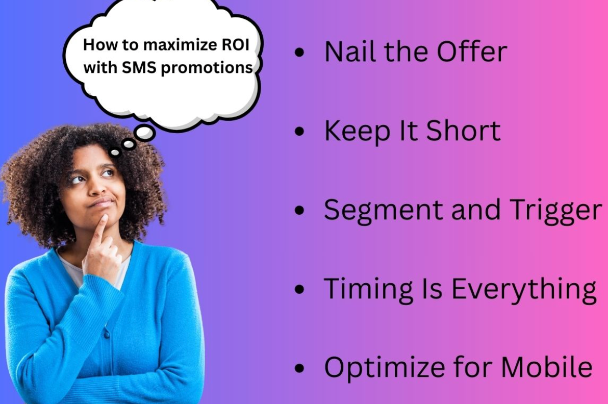 Woman thinking about SMS sales promotion strategies with tips like using SMS coupons, sales SMS timing, and targeted SMS promotions listed beside her.