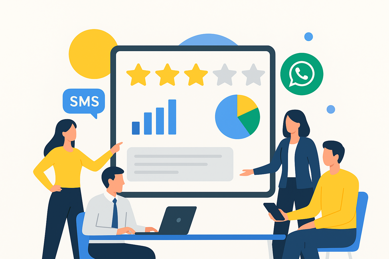 Afbeelding van een team mensen op kantoor dat werkt aan een strategie om feedback van klanten te verzamelen via WhatsApp en sms.
