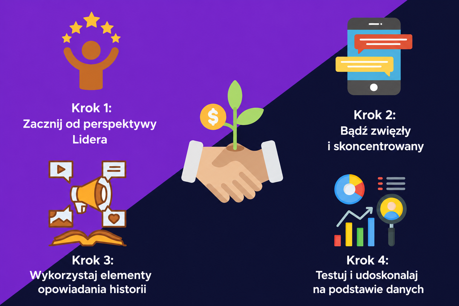 Wizualizacja pokazująca, jak pisać wiadomości mające na celu pielęgnowanie relacji z potencjalnymi klientami w 4 krokach: zaczynając od perspektywy potencjalnego klienta, zachowując zwięzłość i konkrety, wykorzystując elementy storytellingu, a następnie testując i udoskonalając za pomocą wskaźników.