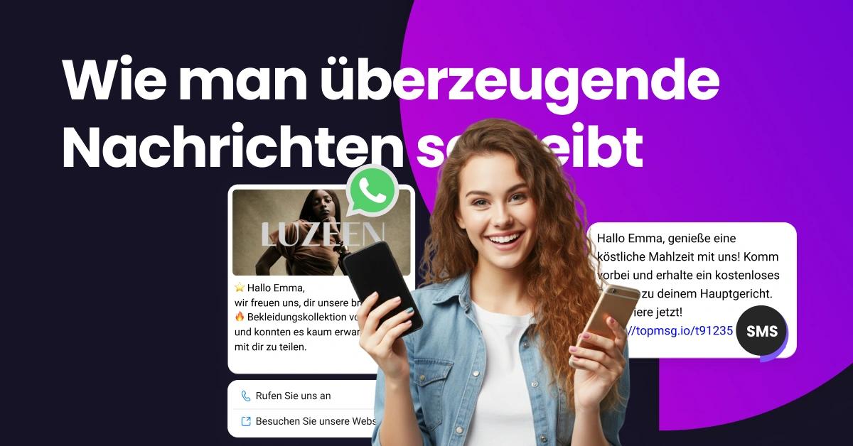 Ein Mädchen hält zwei Mobiltelefone in der Hand und lächelt, weil sie zwei brillante Marketingbotschaften gleichzeitig erhalten hat
