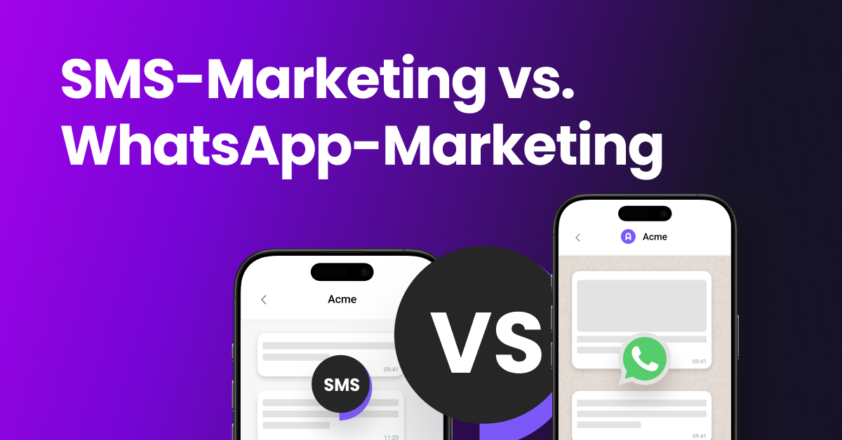 Eine Vergleichsgrafik mit einem SMS-Symbol auf der linken Seite und dem WhatsApp-Symbol auf der rechten Seite sowie dem Titel „SMS-Marketing vs. WhatsApp-Marketing“ oben.