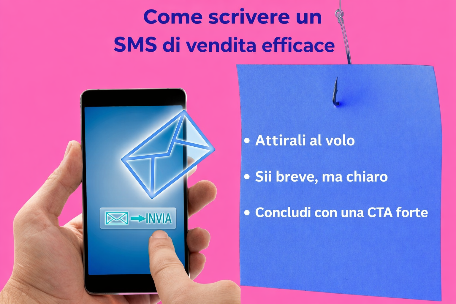 Passaggi su come scrivere un template SMS di vendita mostrati su grafica con smartphone e blocco note