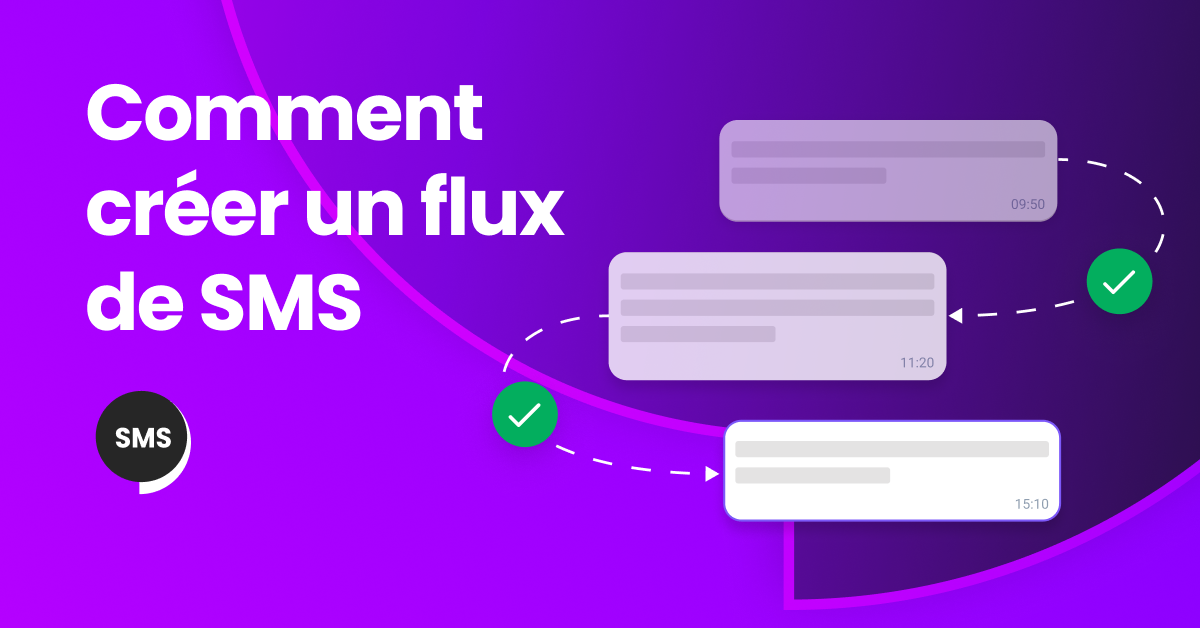Illustration d'une femme utilisant un ordinateur portable et un téléphone pour configurer un flux de travail SMS avec des icônes pour les messages, les graphiques et l'automatisation