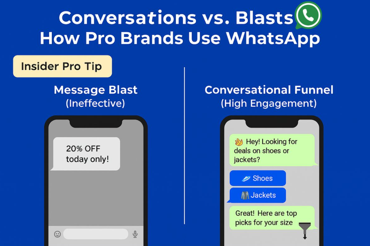Comparison graphic showing ineffective WhatsApp message blast versus high-engagement conversational funnel, highlighting how successful WhatsApp campaigns use chat flows.