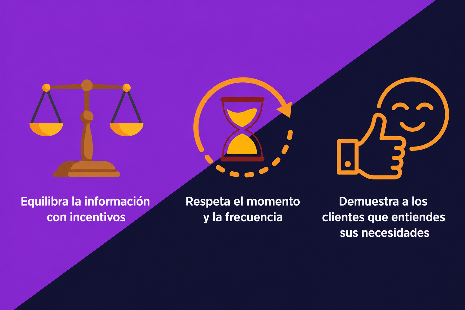 3 pilares de los mensajes de captación de clientes potenciales que generan confianza: equilibrar la información con los incentivos; respetar el momento y la frecuencia; y demostrar a los clientes que se comprenden sus necesidades.
