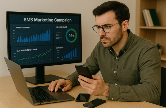 image of a man who is surrounded by a PC, a laptop, and several smartphones while analyzing SMS marketing for holiday campaign results 